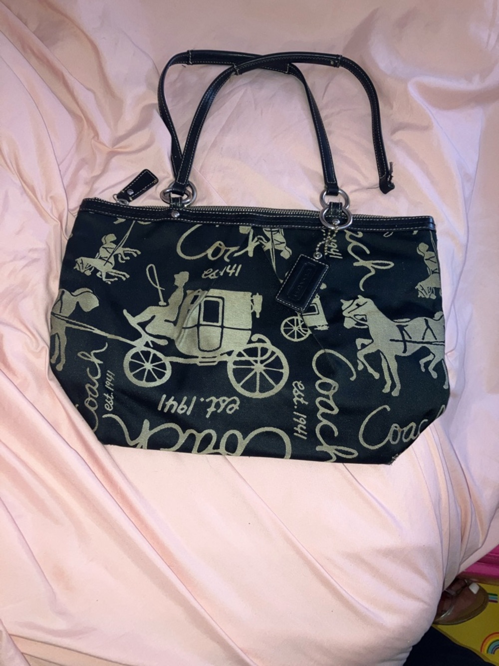 Coach Black Tote with Light Tan Carriage Print